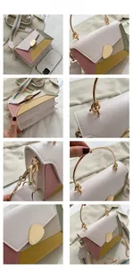 Dettaglio della borsa patchwork multicolore con manico in metallo dorato e tracolla