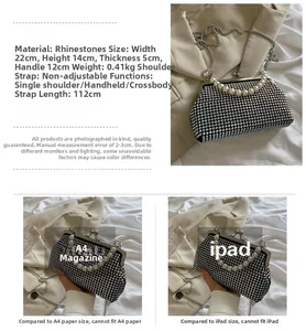 Detailed specs of rhinestone clutch with pearl handle, 22x14x5cm size and metal chain strap