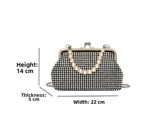Detail view of the rhinestone evening clutch dimensions with pearl handle and chain strap