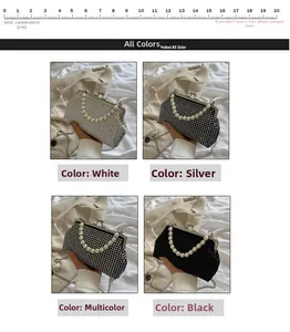 Close-up of four colors of rhinestones and pearl handle shell-shaped evening bags
