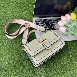Detail view of pistachio green checkered bag with H-buckle and canvas strap
