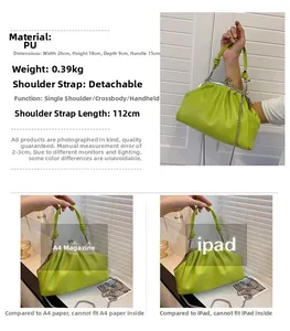 Détails du sac à main en PU plissé vert fluo avec dimensions et comparaison de taille