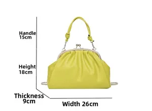Sac plissé vert citron avec fermoir métallique et dimensions sur fond blanc épuré