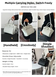 Detailed view showing the size parameters and multiple carrying styles of the PU handbag