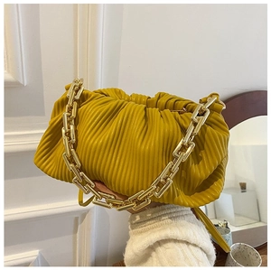 Fashionable bright yellow ruched crossbody bag with chunky gold chain strap for women