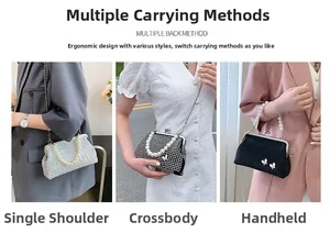 Detailed views of evening bag with pearl handle and metal chain for shoulder and crossbody use