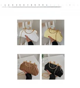Cloud-style pleated clutch bags in four colors with chain straps and metal handles