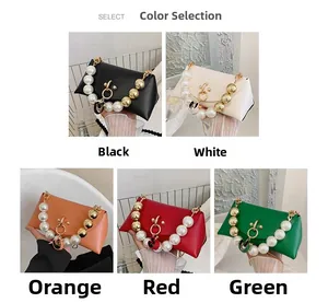 Chic shoulder bag color options featuring pearl chain handles and metal hardware
