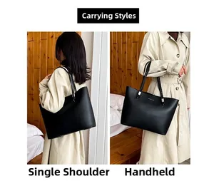Dual-use black leather tote bag shown in both shoulder and handbag carrying styles