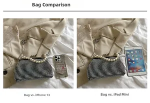Sparkling rhinestone dinner clutch size comparison with iPhone and iPad mini devices