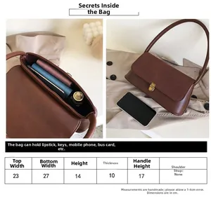 Detailed sizing chart and interior capacity view of this vintage brown leather handbag
