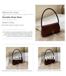 Brown retro PU shoulder bag detail showing 27cm width dimensions and golden hardware