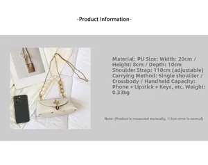 Detailed view of white PU leather bag with pearl handle and 20x8x10cm size dimensions