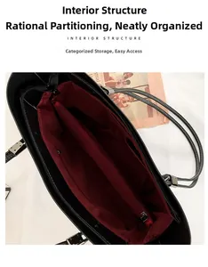 Macro interior view of tote bag with wine red lining and organized zipper compartments