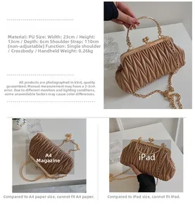 Brown quilted cloud bag with gold handle and capacity comparison showing size 23x13x6cm