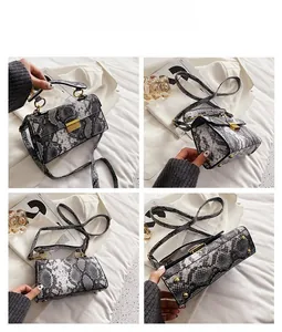 Detailed four-way view of snake print crossbody bag with gold hardware and top handle