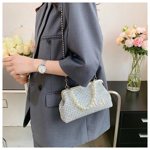 Detailed view of silver sequin evening bag with pearl handle and metal butterfly detail