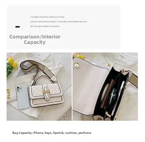 Detail view of beige crossbody bag interior space showing phone and daily essentials