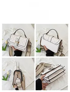Detail view of cream crossbody bag with checkered pattern and wide shoulder strap