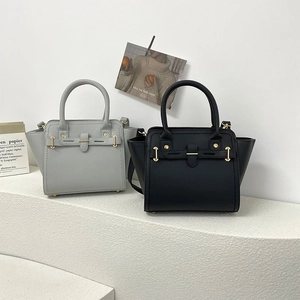 Fashion Women Litchi Grain PU Leather Handbag Elegant Trapezoid Satchel Bag Gold Hardware Belt Decor Top Handle Crossbody Purse