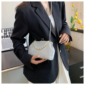 Close-up of sparkling rhinestone handbag featuring a luxury pearl top handle and silver chain