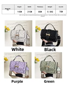 Detailed size chart and multi-color options for the checkered PU leather crossbody bag