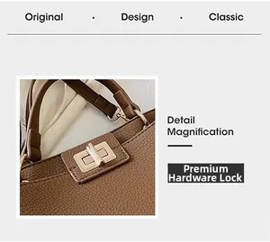 Dettaglio della borsa in pelle marrone con trama litchi e chiusura a scatto dorata