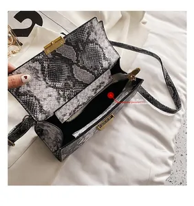 Macro detail of snakeskin pattern bag with main pocket and gold clasp
