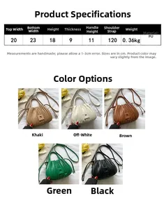 Detailed product dimensions and color options for the ruched shell-shaped PU bucket bag
