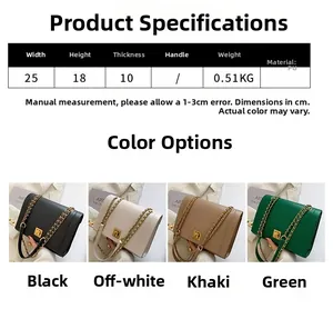 Tableau des tailles et quatre options de couleur pour le sac bandoulière chic en PU
