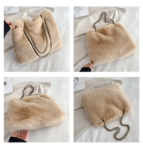 Detail of light brown faux fur tote bag with long pile texture and gold chain strap