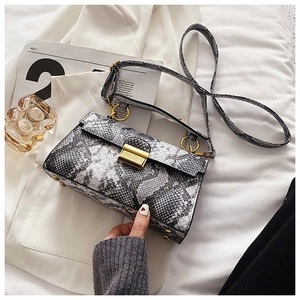 Detail of snake skin pattern handbag featuring a gold metal lock and gray white textures
