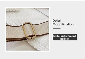 Detail of adjustable gold-tone buckle on a beige woven canvas shoulder strap