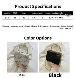 Detailed size chart for boxy PU shoulder bag with marble texture and dimensions