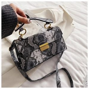 Detail of snake skin print flap bag with gold square lock and premium hardware