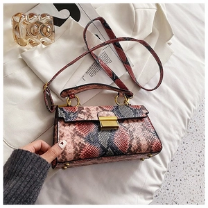 Top view of red and grey snakeskin pattern crossbody bag with gold square clasp buckle