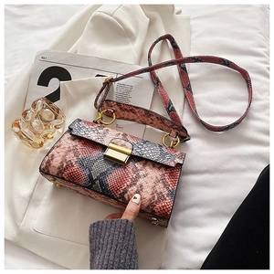 Detail of colorful snakeskin textured crossbody bag with golden rectangular clasp