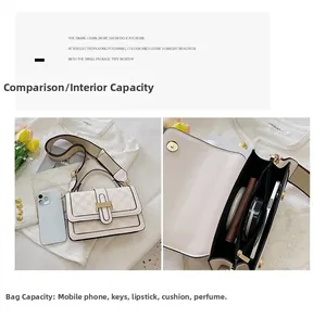 Detail view of beige checkered shoulder bag with multiple compartments for daily essentials