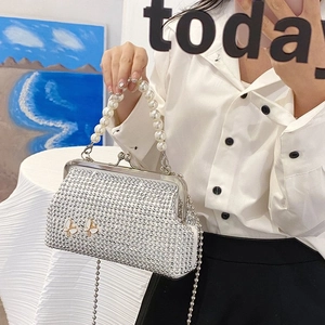 Silver rhinestone evening bag with enamel butterflies, pearl handle and chain strap