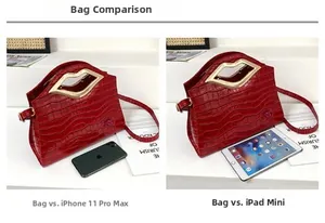 Comparaison de taille du sac rouge effet crocodile avec iPad mini et smartphone