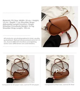 Brown PU crossbody bag detail showing 20x12x7 cm dimensions and adjustable shoulder strap