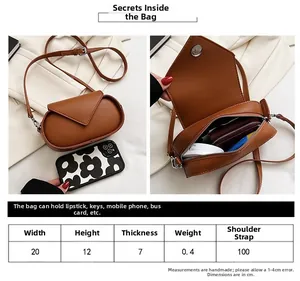 Size guide for vintage crossbody bag featuring detailed dimensions and interior capacity