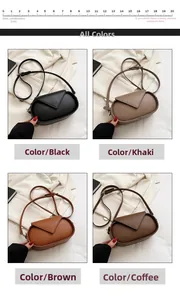 Detail view of small faux leather crossbody bags in black, khaki, brown, and coffee shades
