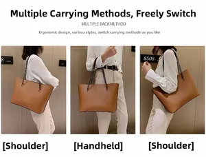 Detail of brown leather tote bag showing versatile shoulder and hand carry options