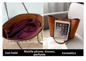 Brown tote bag detail showing large capacity for iPad and dark grey metal chain strap