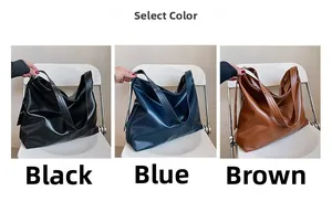 Trois grands sacs cabas rétro en noir, bleu et marron avec texture cuir souple