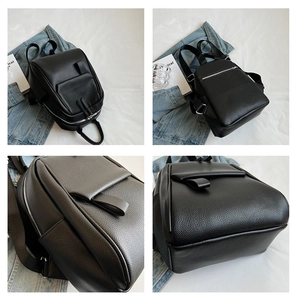 Vue détaillée sur quatre angles du sac à dos en cuir noir avec poche antivol arrière