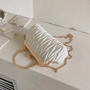 Elegant white ruched cloud clutch bag with gold sphere clasp and chain strap