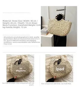 Detailed size comparison of beige woven straw tote bag with A4 paper and iPad