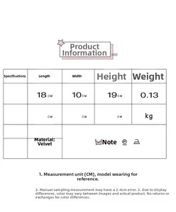 Size chart showing 18x10x19cm dimensions and material specs for the flannel bag